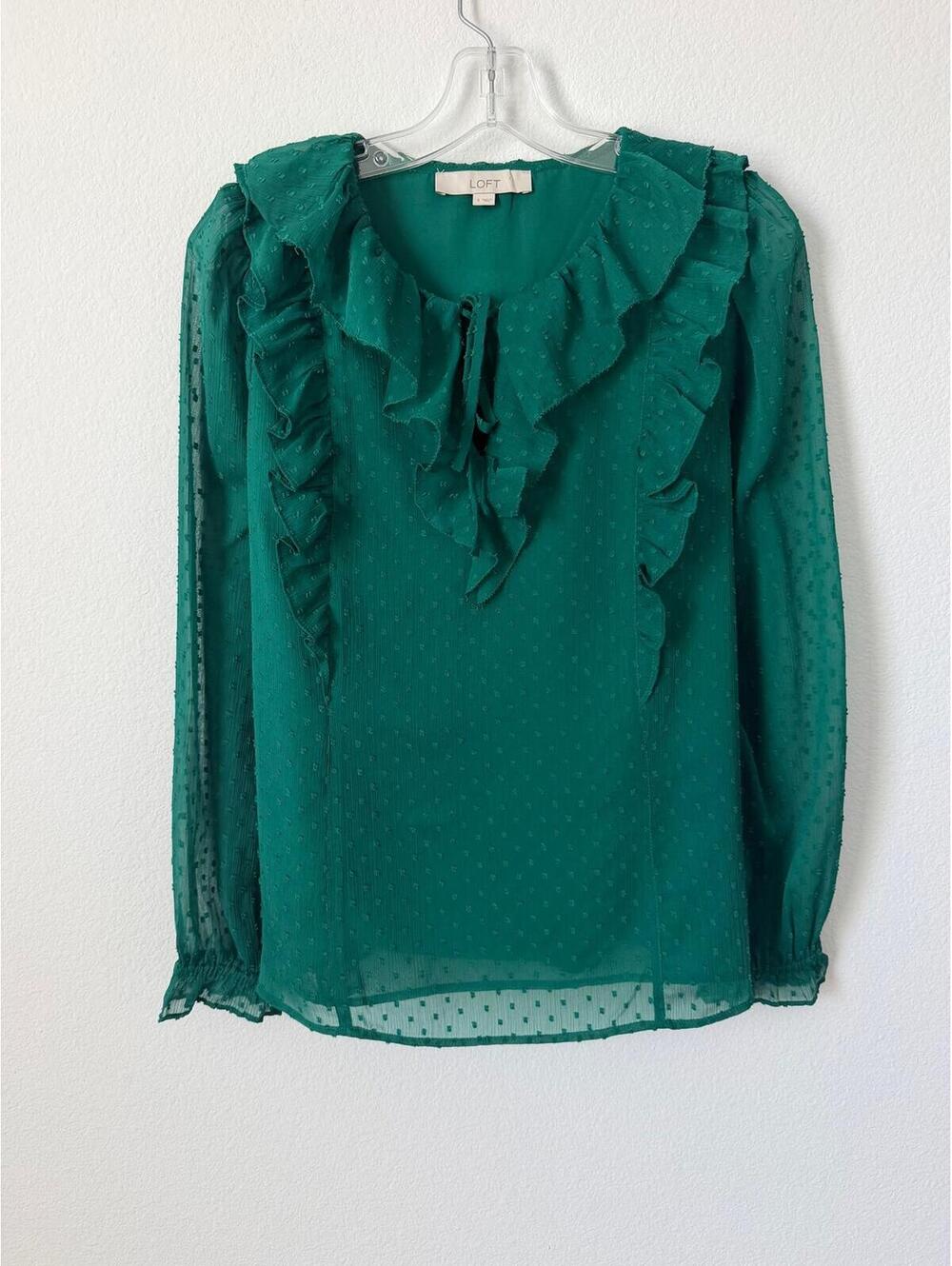 LOFT Long Sleeve Ruffle V-Neck Textured Polka Dot Green Blouse Women's Size S